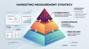 Marketing measurement pyramid illustrating media delivery, audience behavior, and business impact tiers.