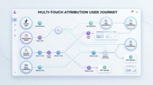 Multi-touch attribution user journey mapping touchpoints across TikTok, Instagram, Search, and Web conversion.