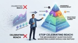 Babu Muhammad Umair pointing toward a multi-touch attribution and incremental marketing measurement strategy pyramid.